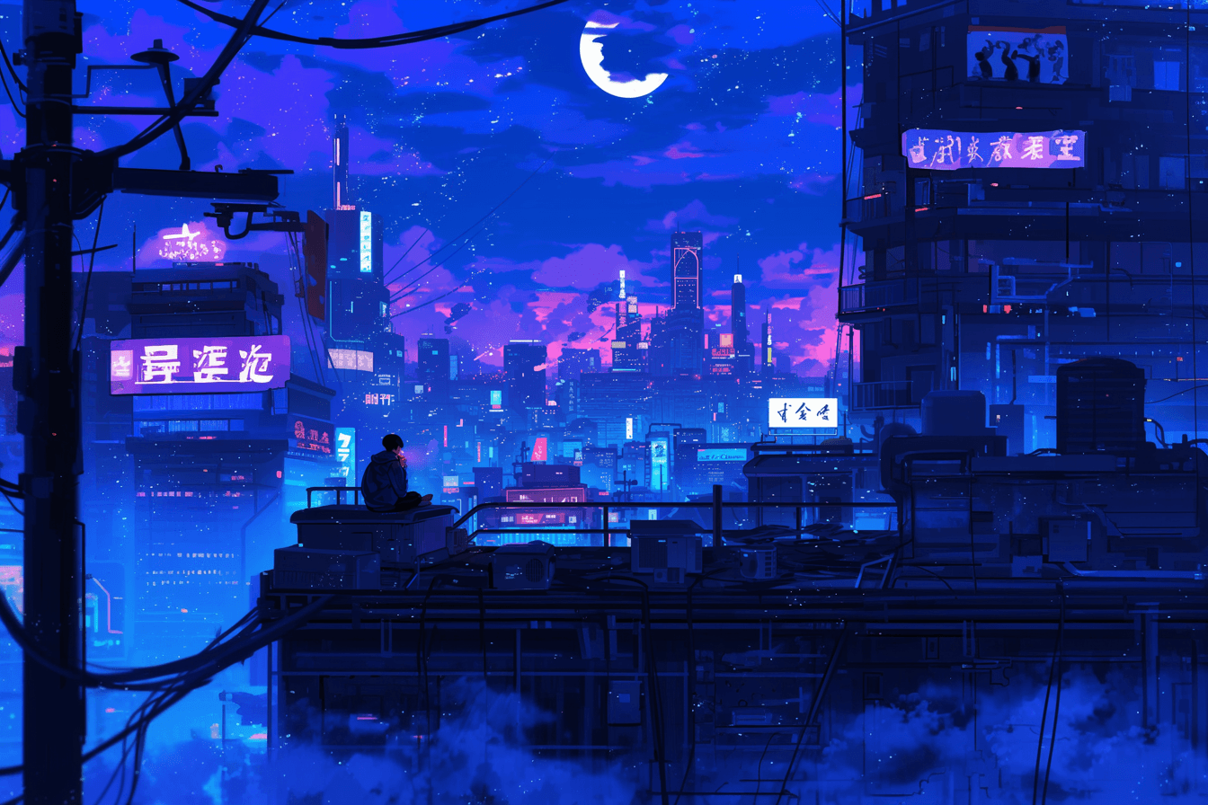 Anime photo of a person looking over a cybernatic city.